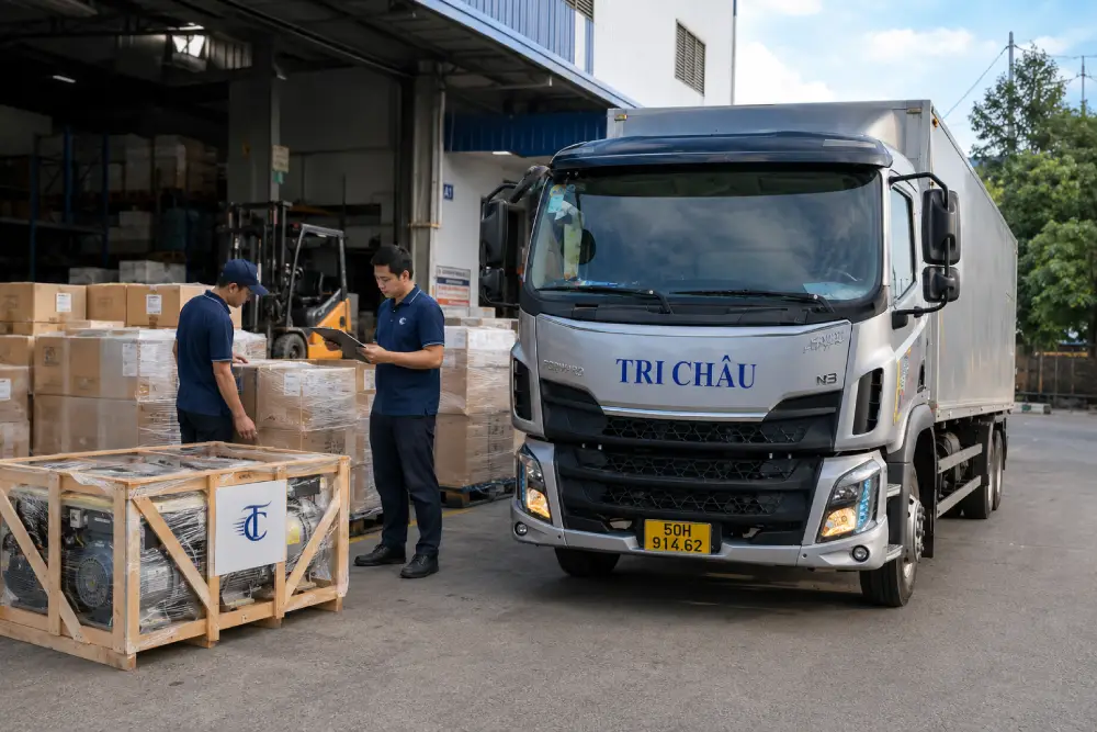 huẩn bị hàng trước khi gửi từ TP.HCM đi Campuchia bằng xe tải Tri Châu
