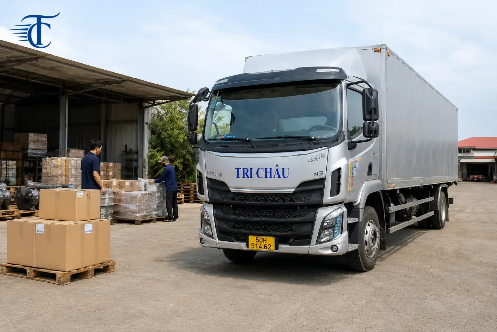 Xe tải Tri Châu vận chuyển hàng từ TP.HCM đi Pursat Campuchia