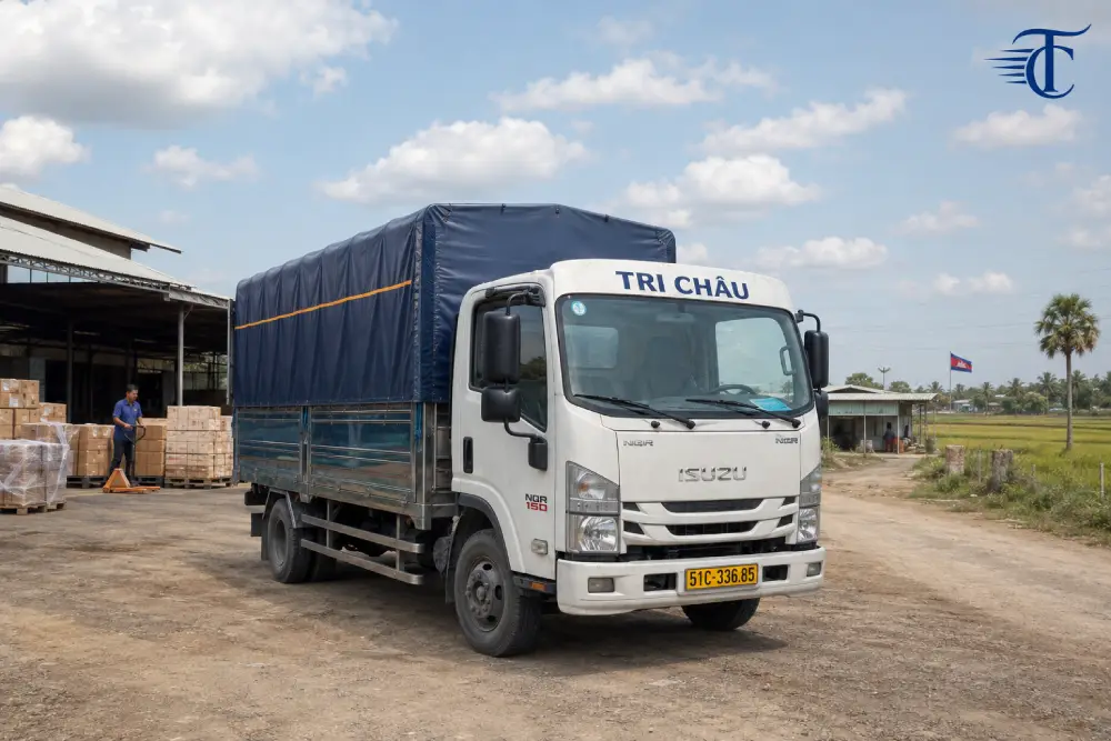 Xe tải Tri Châu vận chuyển hàng từ TP.HCM đi Prey Veng, Campuchia
